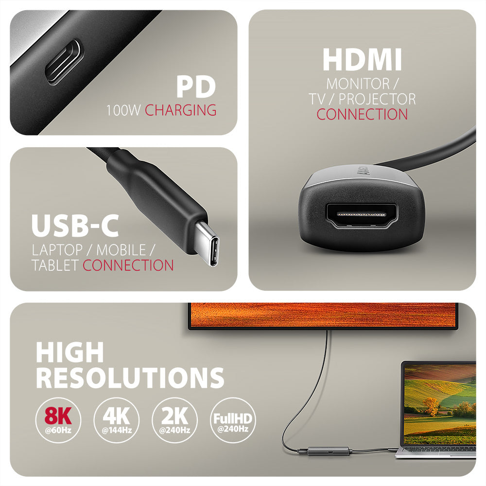 Axagon RVC-HI8KPD, USB-C -> HDMI 2.1 redukce / adaptér, 8K/60Hz, 4K/144Hz, HDR10+, PD100W 0,16 m USB Tipo C HDMI + USB Type-C (2)
