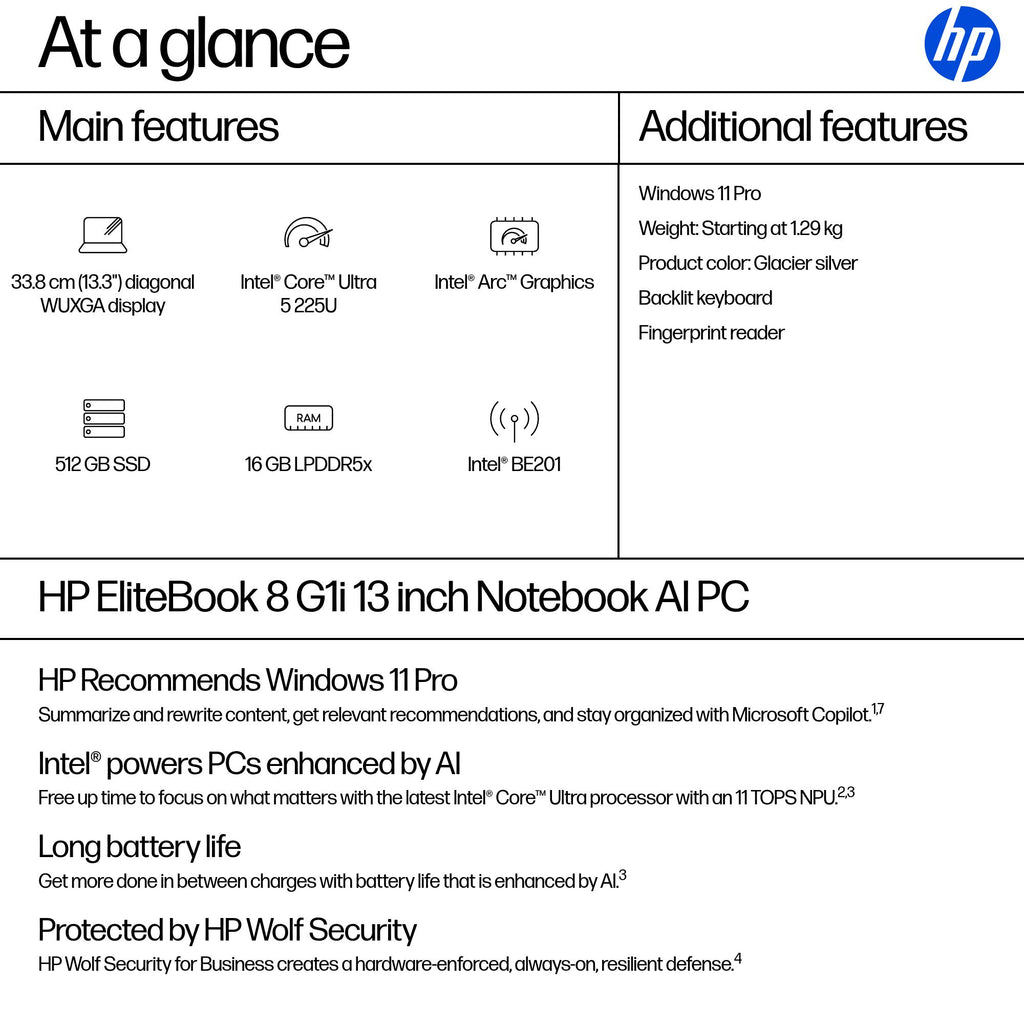 HP EliteBook 8 G1i AI PC Intel Core Ultra 5 225U Laptop 33.8 cm (13.3") WUXGA 16 GB LPDDR5x-SDRAM 512 GB SSD Wi-Fi 7 (802.11be) Windows 11 Pro Silver (5)