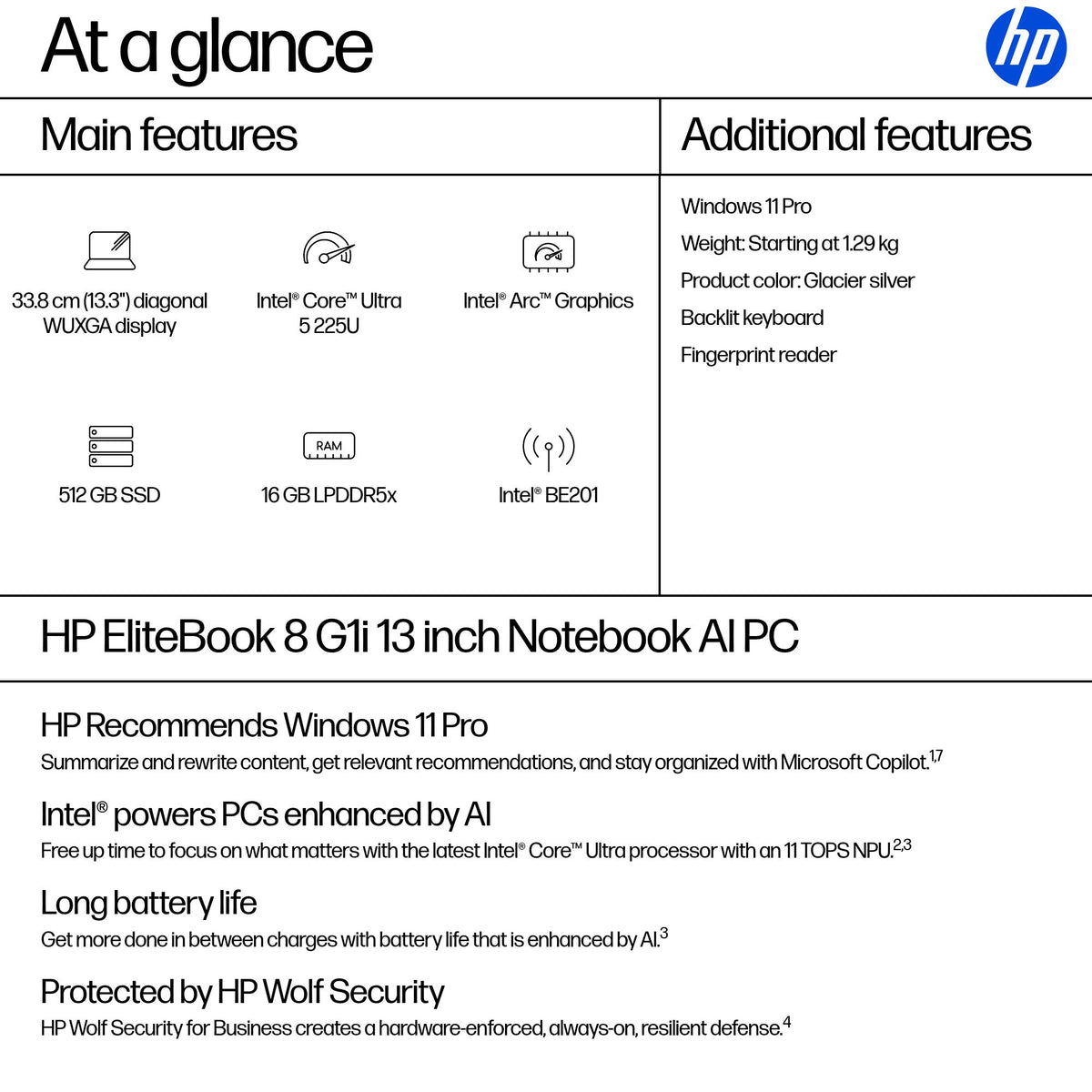 HP EliteBook 8 G1i AI PC Intel Core Ultra 5 225U Laptop 33.8 cm (13.3") WUXGA 16 GB LPDDR5x-SDRAM 512 GB SSD Wi-Fi 7 (802.11be) Windows 11 Pro Silver (5)
