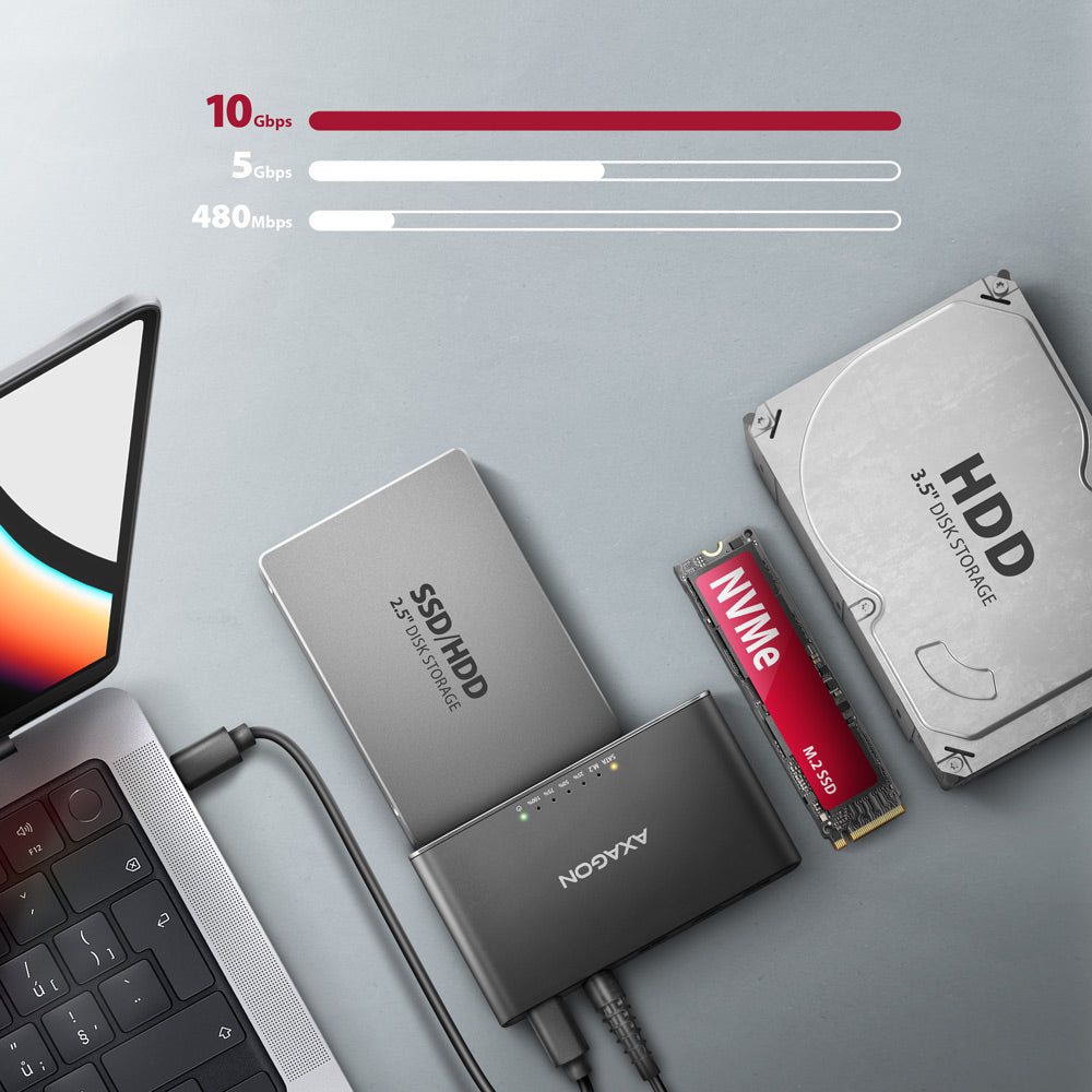 Axagon ADSA-CC USB-C 10Gbps - NVMe M.2 SSD & SATA 2.5/3.5 SSD/HDD CLONE MASTER 2 - Digital/Daten - NVMe USB 3.2 Gen 2 (3.1 Gen 2) Type-C Negro (5)