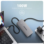 Axagon HUB USB HMC-CUB83X2, USB 10Gbps hub, 2x USB-A, USB-C, HDMI & DP 4k/144Hz, RJ-45 GLAN, PD 100W, kabel USB-C 15cm Alámbrico USB 3.2 Gen 2 (3.1 Gen 2) Type-C Gris (8)