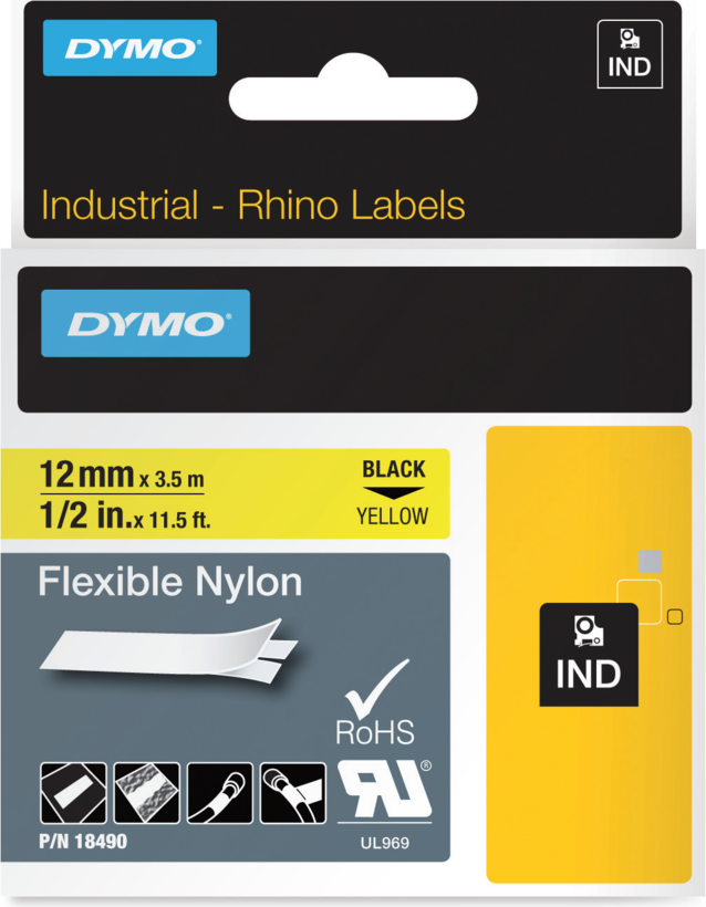 Dymo Cinta Rhino nylon amarillo 12 mm