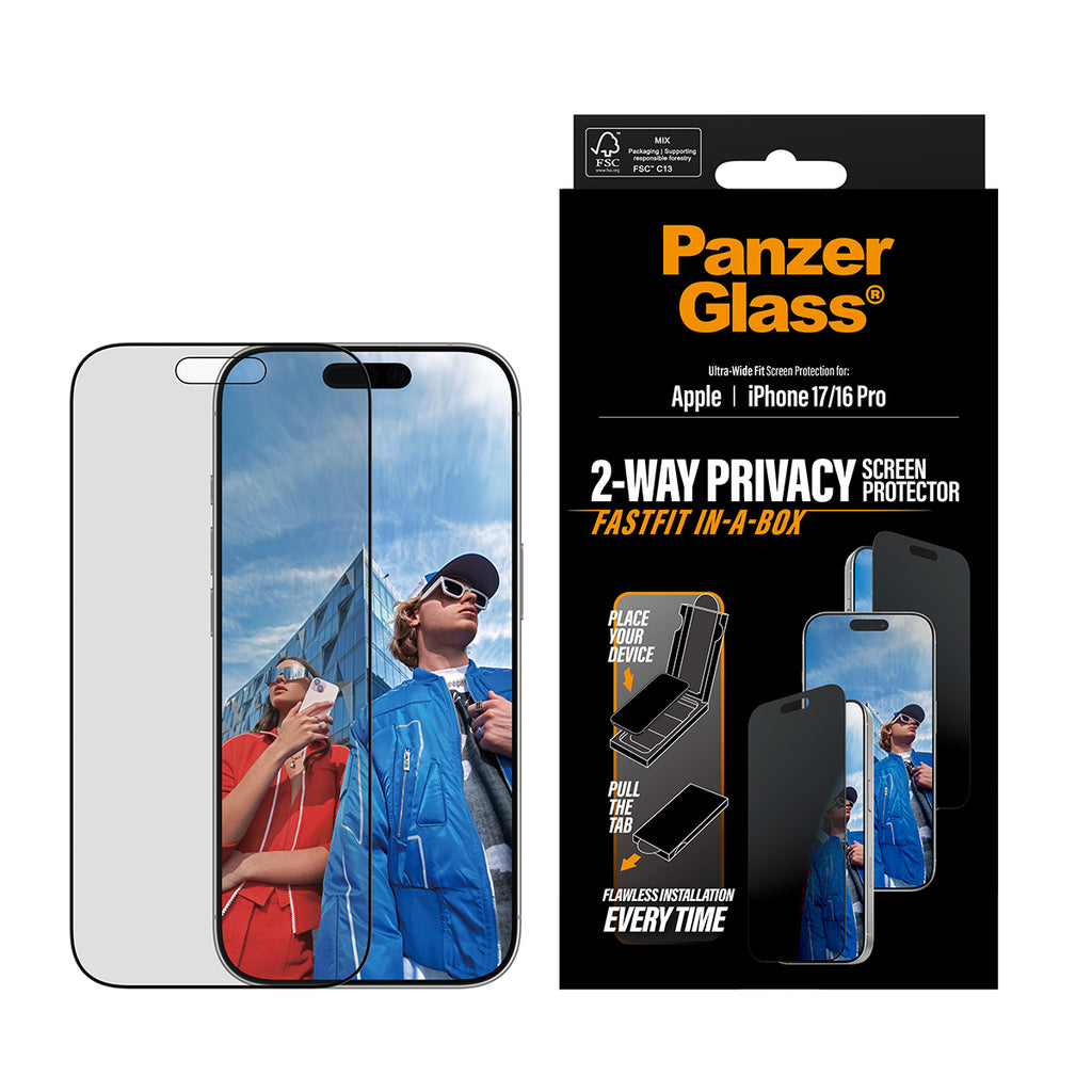 PanzerGlass ® 2-Way Privacy Screen Protector iPhone 17 | iPhone 16 Pro | Ultra-Wide Fit w. Fastfit in-a-box Protector de pantalla Apple 1 pieza(s) (2)