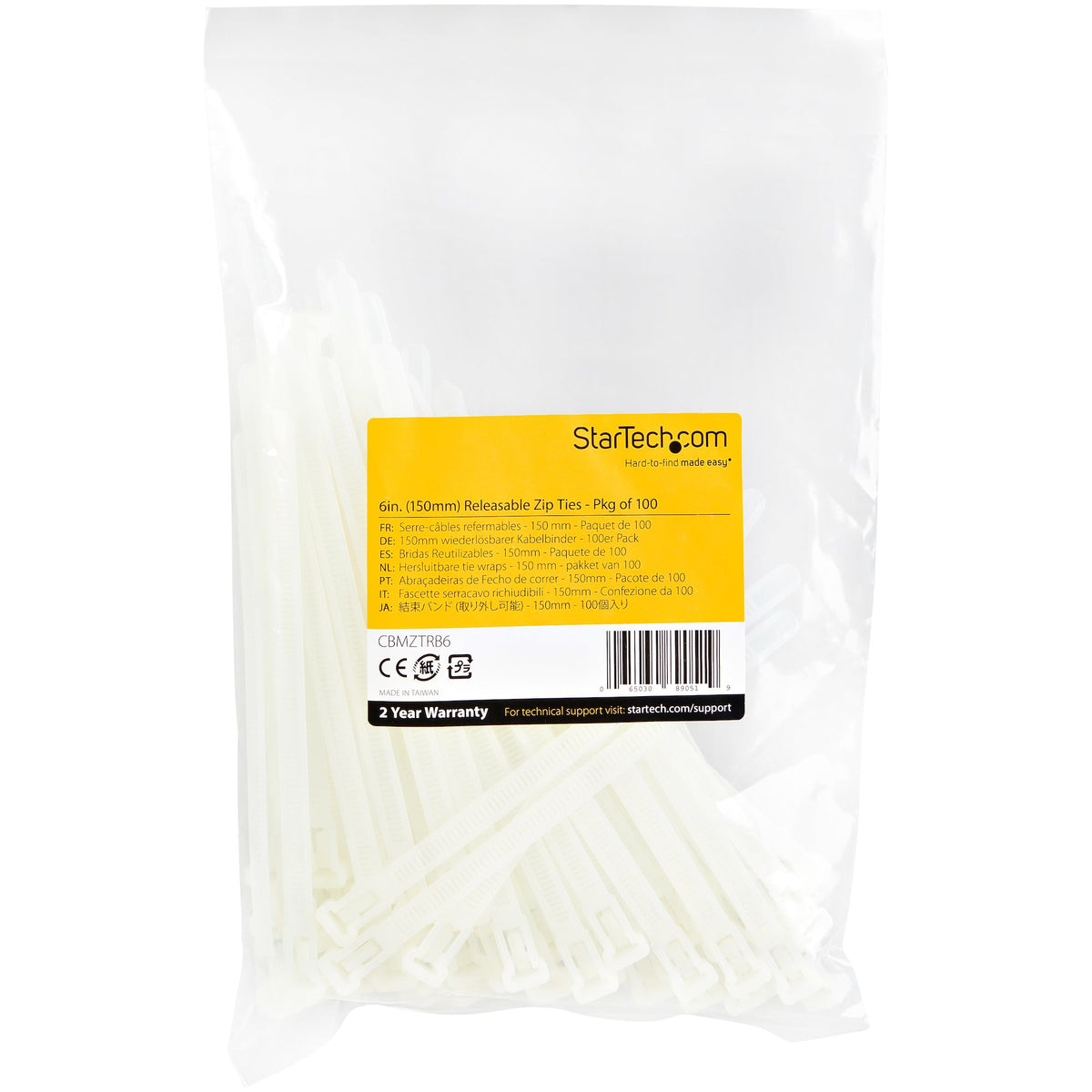 StarTech.com CBMZTRB6 presilla Brida reutilizable Nylon, Plástico Blanco 100 pieza(s) (6)