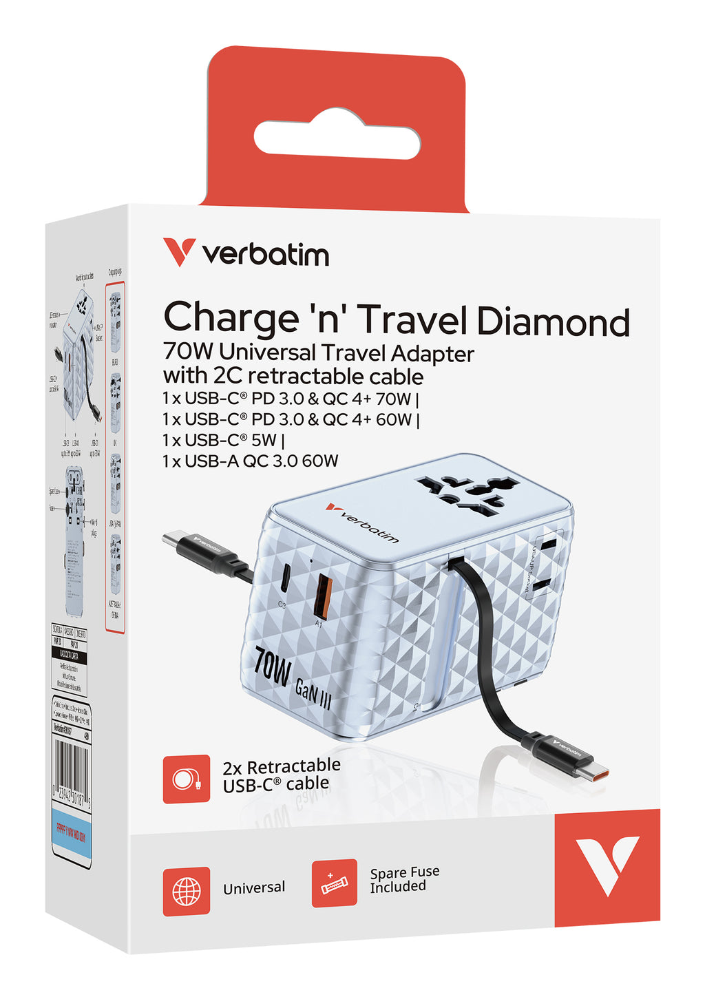 Verbatim Charge 'n' Travel 70W Universal Azul Corriente alterna Carga rápida