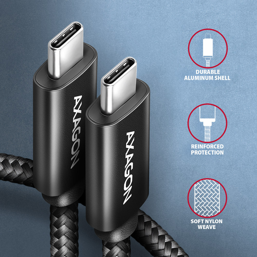 Axagon BUCM2-CM30AB Ladekabel USB-C zu USB-C 2.0, 3 m, PD 240 W 5 A, ALU - Schwarz - 3 Meter langes USB-C zu USB-C Kabel - Daten- und Ladefähig cable USB USB 2.0 USB C 0,48 Gbit/s Negro (3)