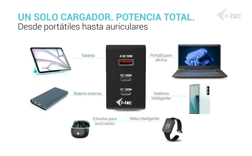 i-tec CHARGER-INTG100W cargador de dispositivo móvil Universal Negro Corriente
