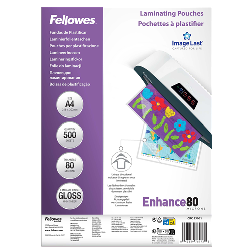 Fellowes A4 Laminating Pouches Gloss Finish 500 Sheets 80 Micron High Quality