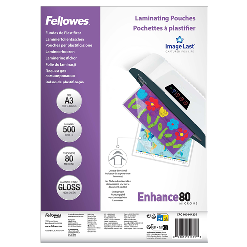 Fellowes A3 Laminating Pouches Gloss Finish 500 Sheets 80 Micron High Quality