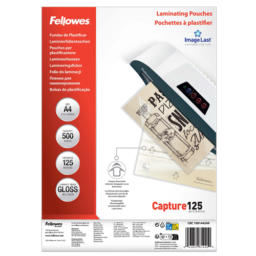 Fellowes A4 Laminating Pouches Gloss Finish 500 Sheets 125 Micron High Quality