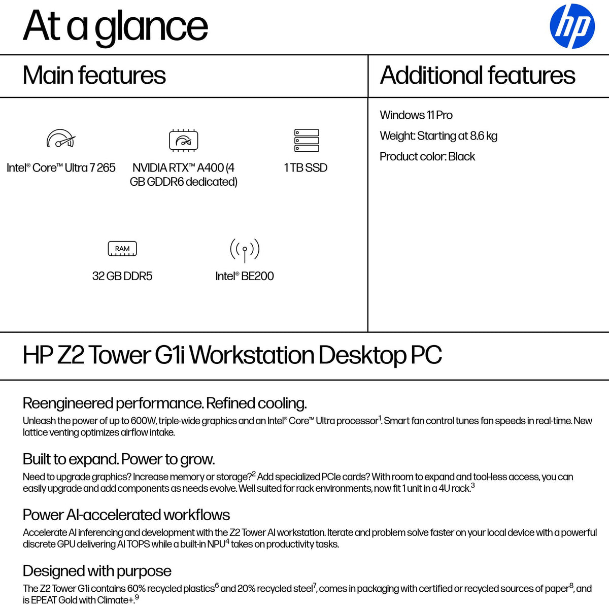 HP Z2 Tower G1i Intel Core Ultra 7 265 32 GB DDR5-SDRAM 1 TB SSD NVIDIA RTX A400 Windows 11 Pro Workstation AI Workstation, AI PC Black (3)