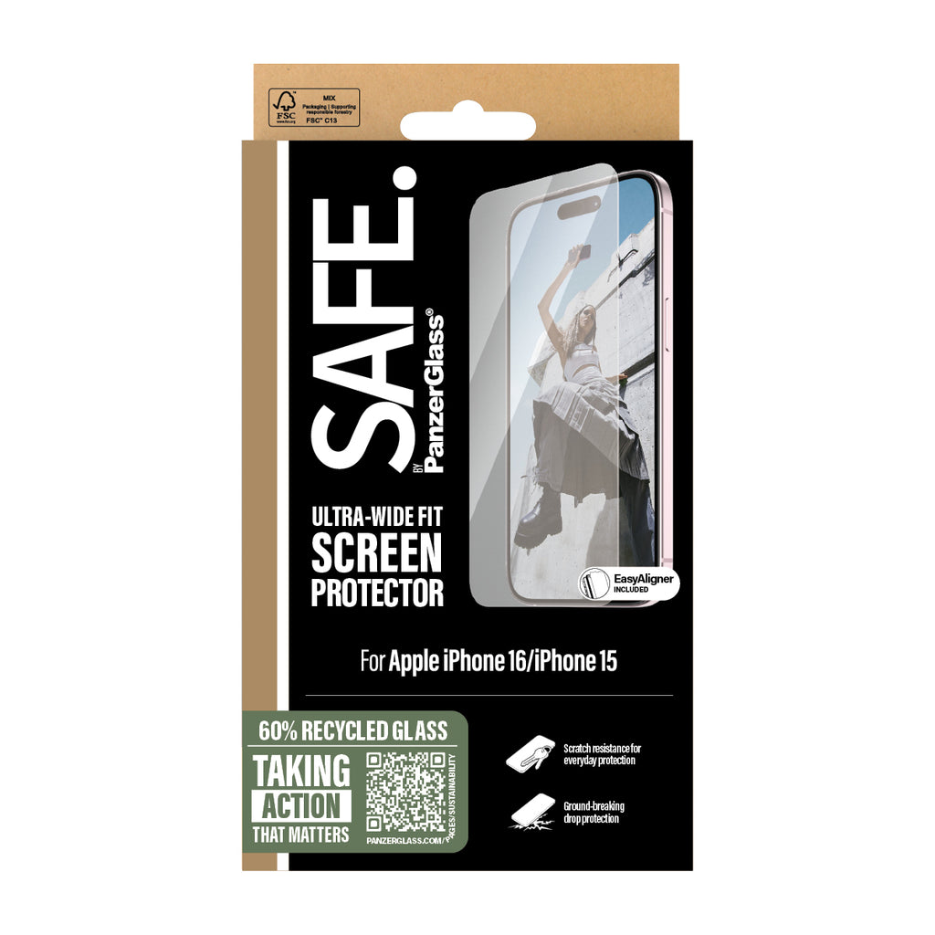 PanzerGlass SAFE. by ® Screen Protector iPhone 16, 15, Ultra-Wide Fit Protector