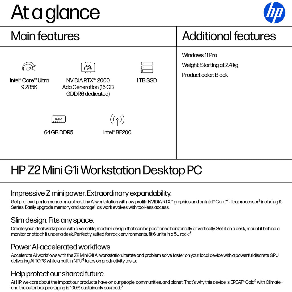 HP Z2 Mini G1i Intel Core Ultra 9 285K 64 GB DDR5-SDRAM 1 TB SSD NVIDIA RTX 2000 Ada Windows 11 Pro Mini PC Workstation AI Workstation, AI PC Black (3)