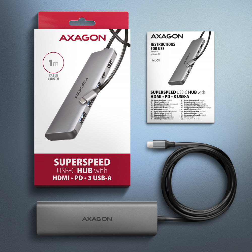 Axagon HMC-5H USB-C 3.2 Gen 1 hub 3x USB-A 4K HDMI PD 100W - Silber Alámbrico USB 3.2 Gen 1 (3.1 Gen 1) Type-C Plata (6)