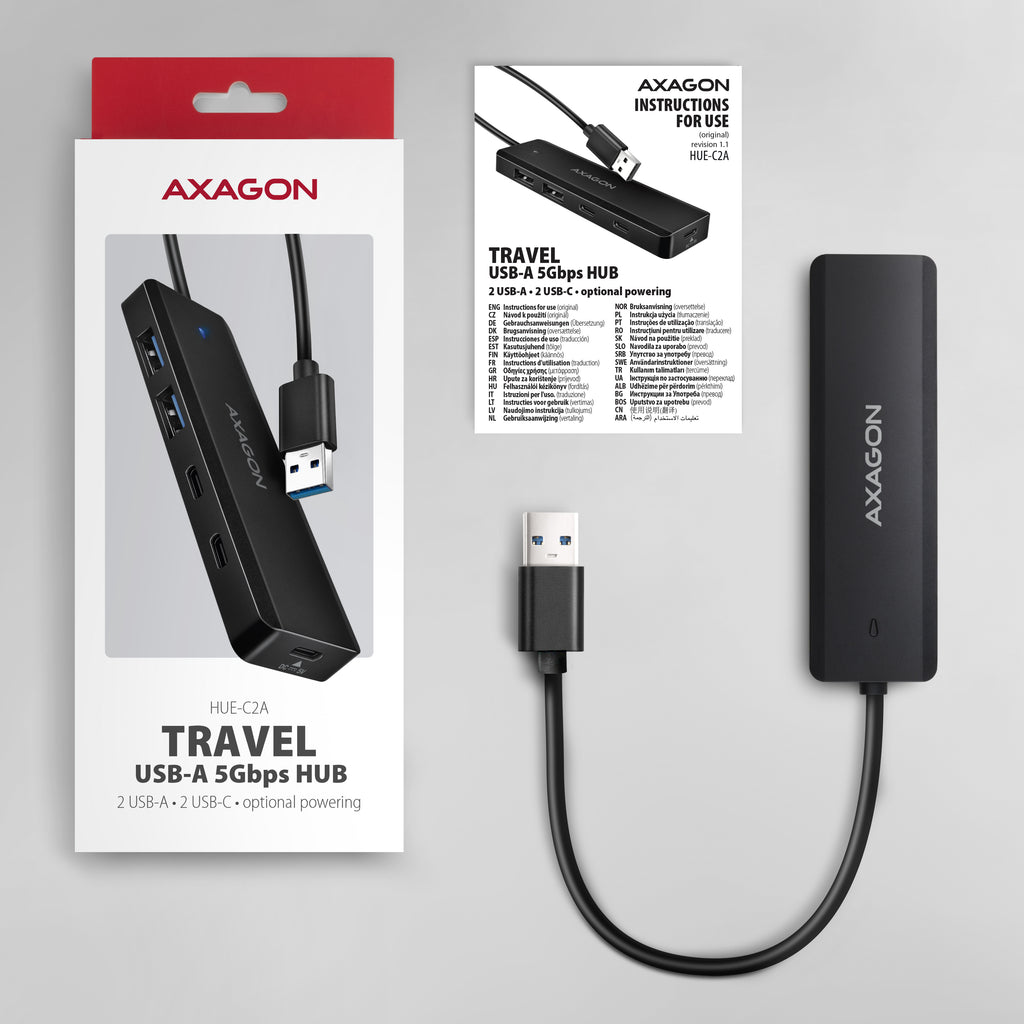 Axagon HUE-C2A hub de interfaz USB 3.2 Gen 1 (3.1 Gen 1) Type-A 5000 Mbit/s Negro (6)