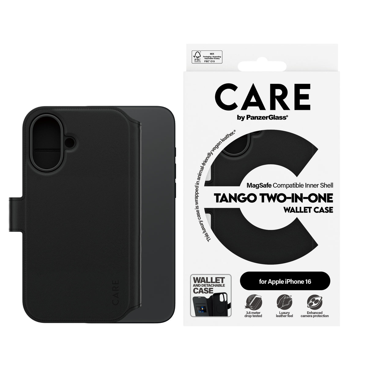 PanzerGlass CARE™ by ® Tango 2-in-1 Wallet Case w. MagSafe iPhone 16 funda para teléfono móvil Negro (2)