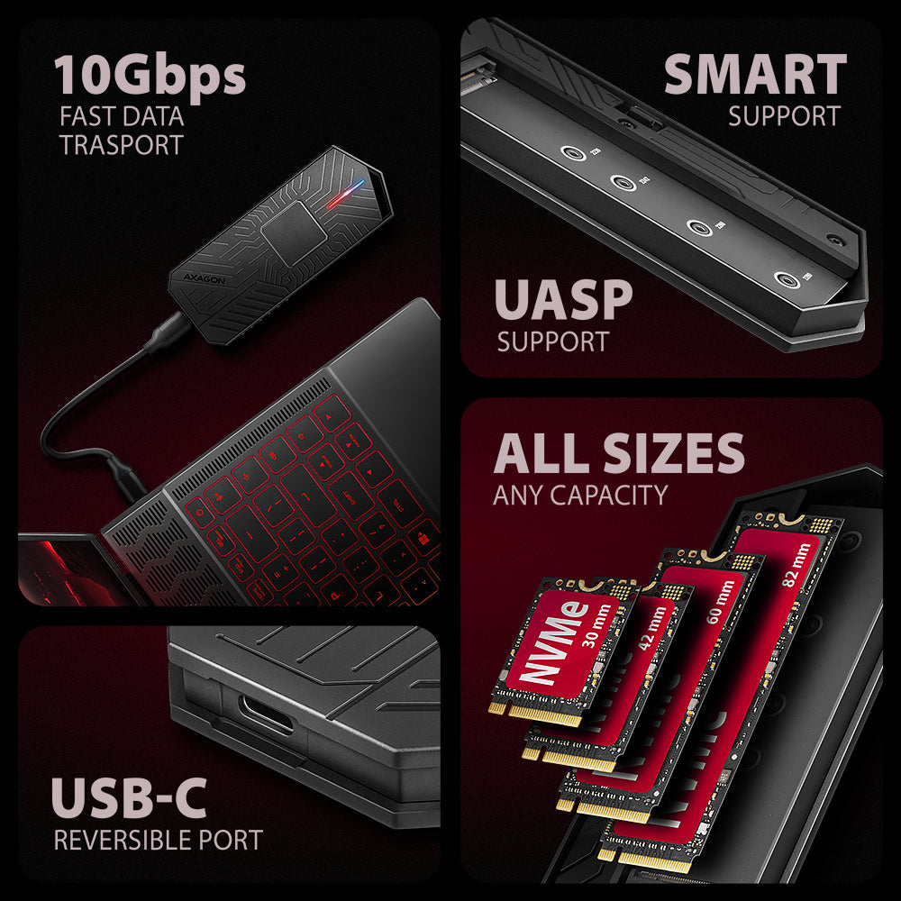 Axagon EEM2-GAM, USB-C 10Gbps - NVMe & SATA SSD GAME M.2 box, bezšroubkový Caja externa para unidad de estado sólido (SSD) Negro (6)