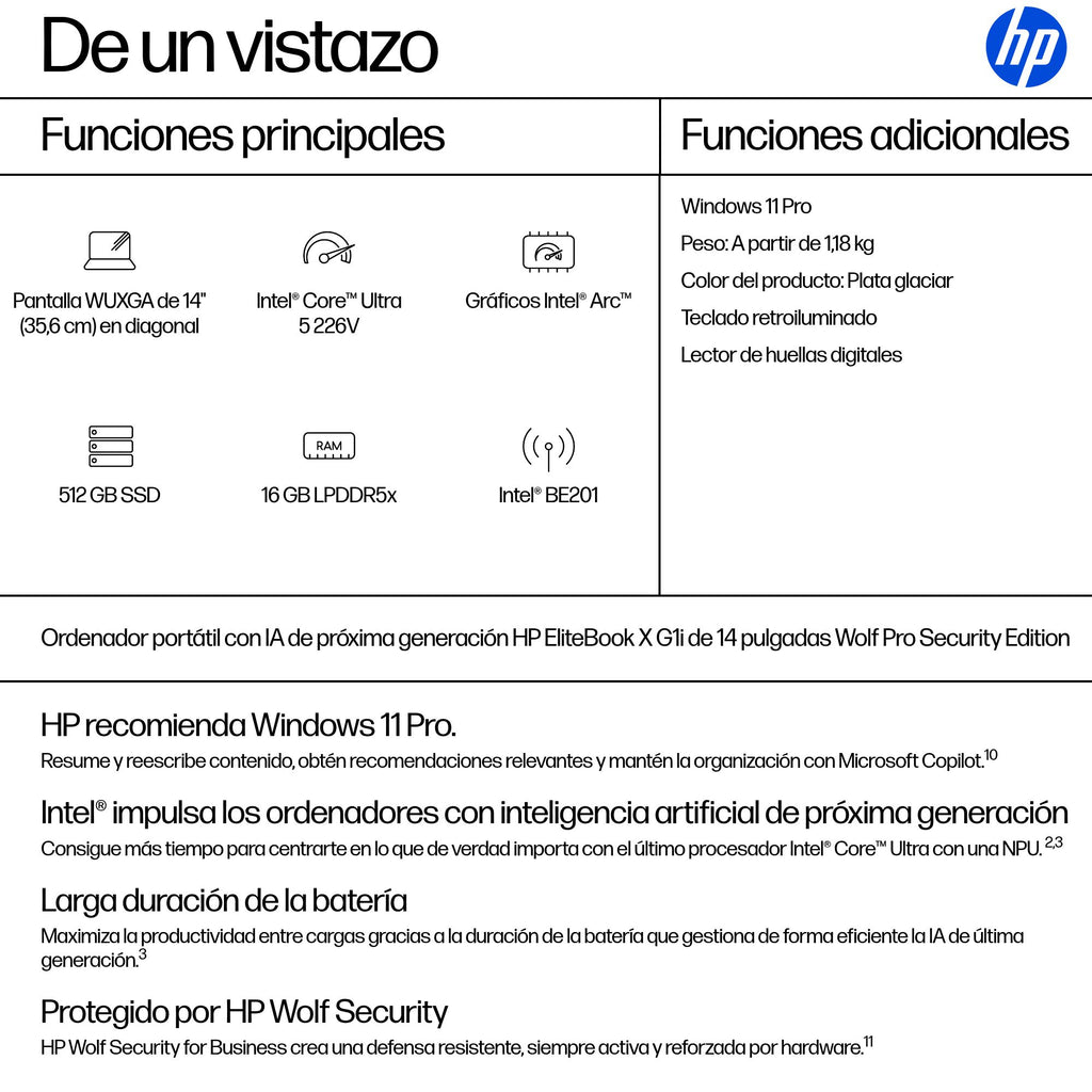 HP EliteBook X G1i Next Gen AI PC Wolf Pro Security Edition Copilot+ PC Intel Core Ultra 5 226V Portátil 35,6 cm (14") WUXGA 16 GB LPDDR5x-SDRAM 512 GB SSD Wi-Fi 7 (802.11be) Windows 11 Pro Plata (4)