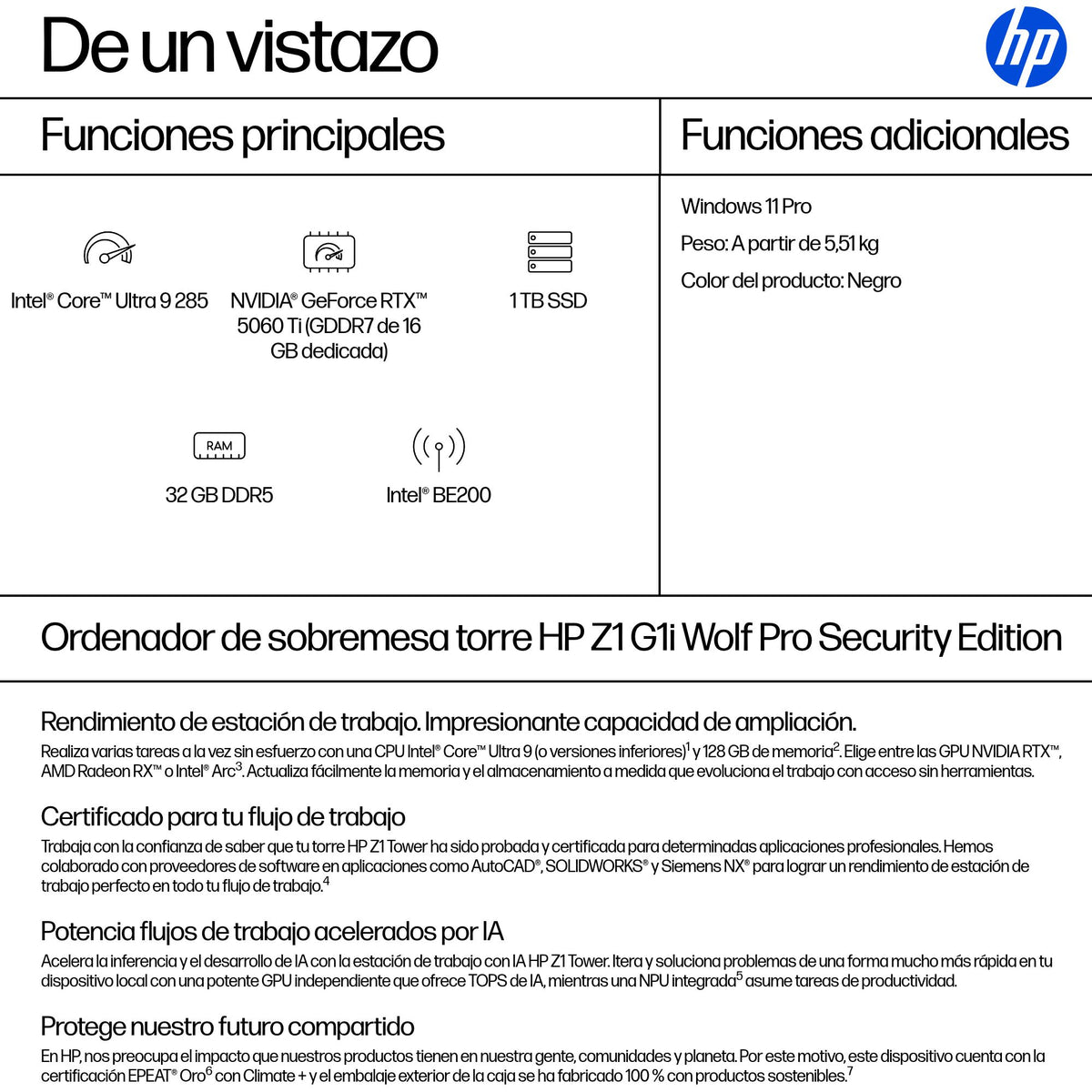 HP 1Z Tower G1i Wolf Pro Security Edition Intel Core Ultra 9 285 32 GB DDR5-SDRAM 1 TB SSD NVIDIA GeForce RTX 5060 Ti Windows 11 Pro Torre Puesto de trabajo AI Workstation, AI PC Negro (4)