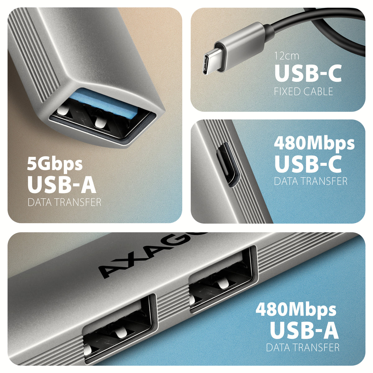 Axagon HUB USB HUE-STC, 4x USB ALU STRIP hub, 1x USB-A 5Gbps, 2x USB-A & 1x USB-C 480Mbps, kabel USB-C 12cm USB 3.2 Gen 1 (3.1 Gen 1) Type-C 5 Mbit/s Gris (3)