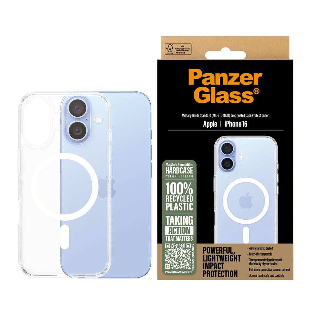 PanzerGlass ® HardCase Transparent w. White MagSafe iPhone 16 funda