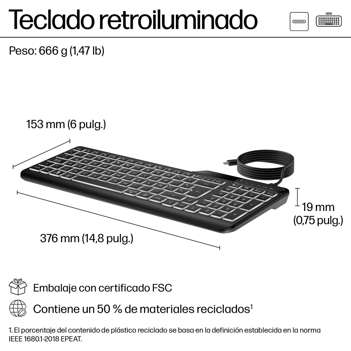 HP 400 Backlit Wired Keyboard teclado Hogar USB QWERTY Inglés Negro (4)