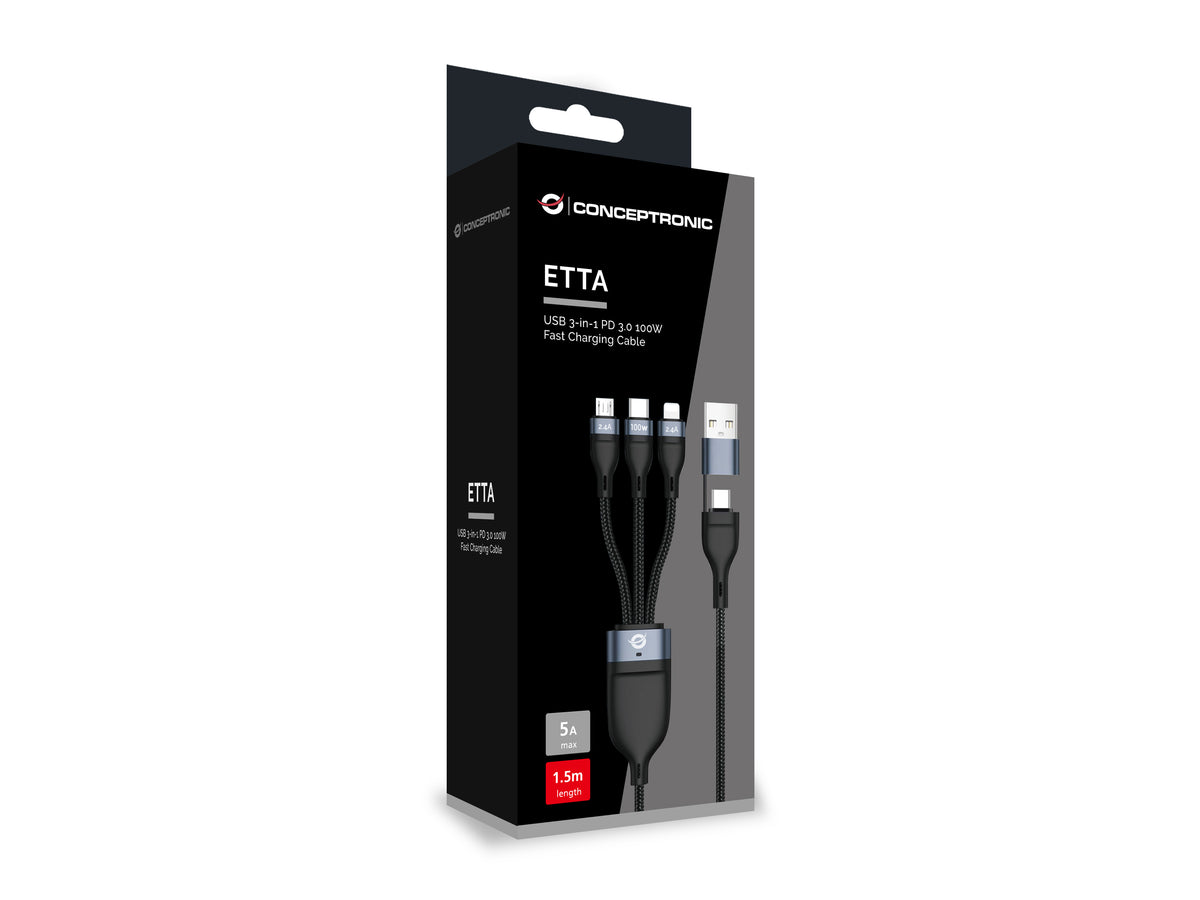Conceptronic ETTA06B15 cable USB USB 2.0 1,5 m USB C USB C/Micro-USB B/Lightning 0,48 Gbit/s 100 W Negro (4)