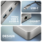 Axagon HUB USB HMC-CUB83X2, USB 10Gbps hub, 2x USB-A, USB-C, HDMI & DP 4k/144Hz, RJ-45 GLAN, PD 100W, kabel USB-C 15cm Alámbrico USB 3.2 Gen 2 (3.1 Gen 2) Type-C Gris (3)
