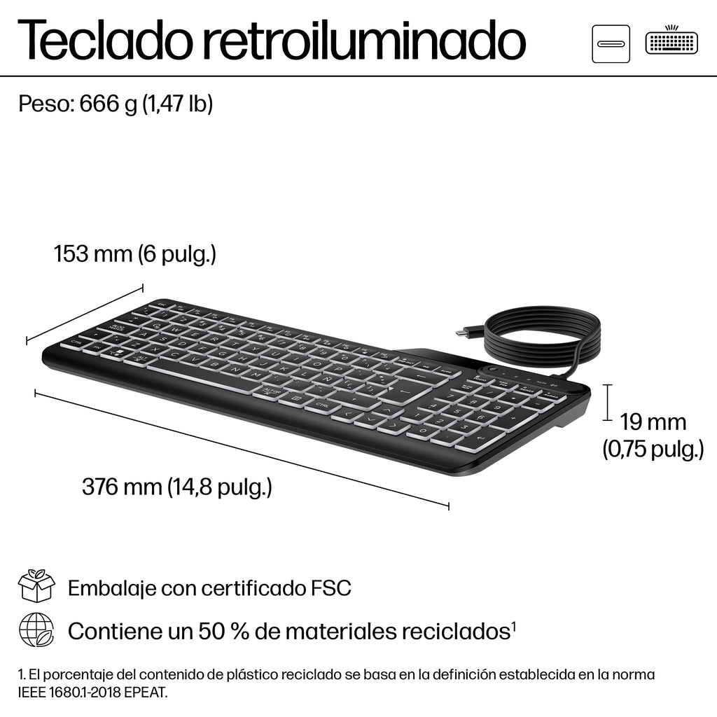 HP 405 Multi-Device Backlit Wired Keyboard teclado Oficina USB QWERTY Inglés Negro (9)