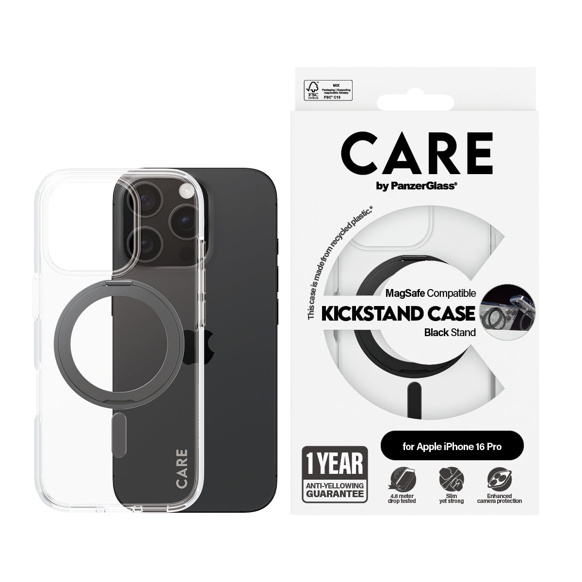 PanzerGlass CARE™ by ® Case Transparent w. Black Kickstand & MagSafe iPhone 16 Pro funda para teléfono móvil Negro (2)