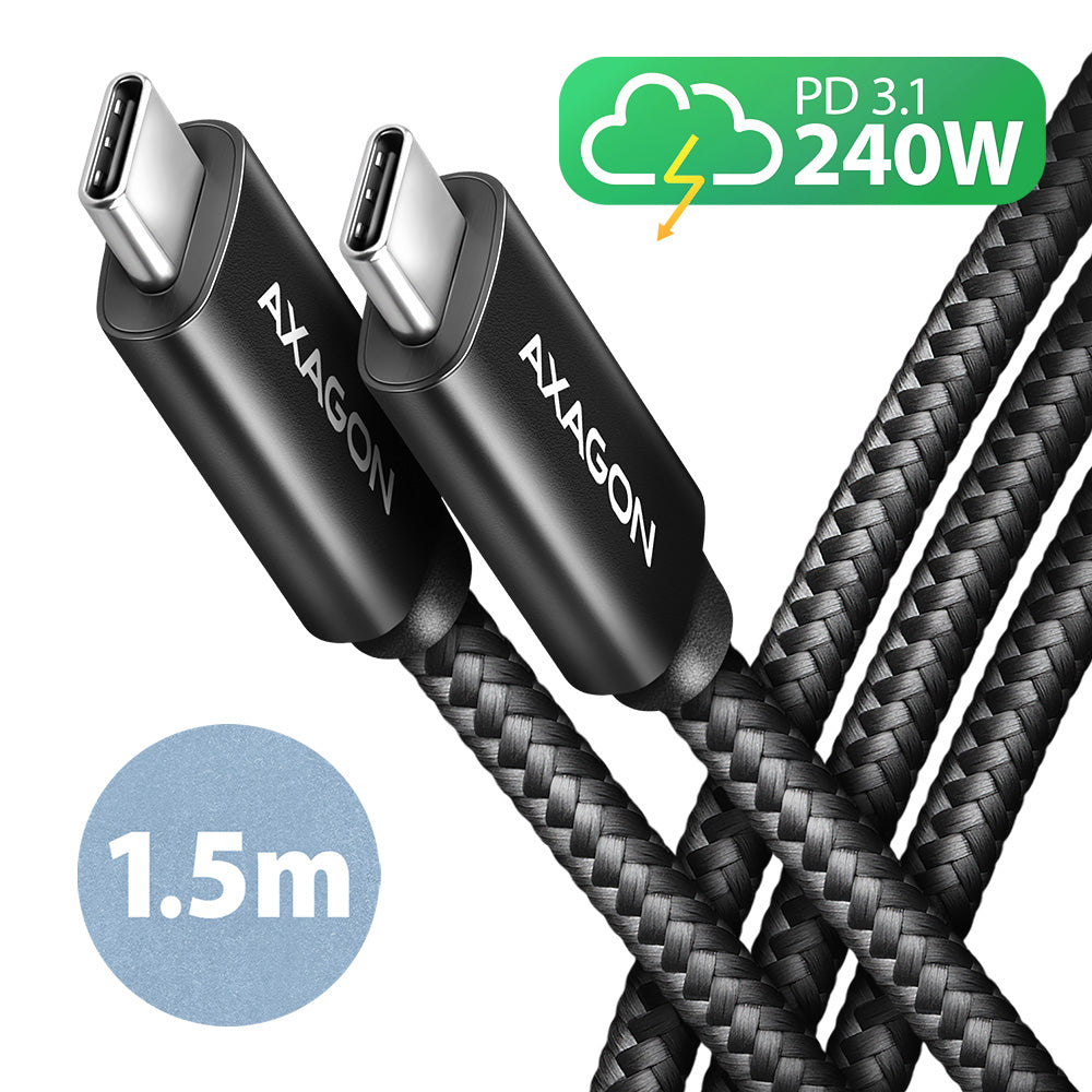 Axagon BUCM2-CM15AB Ladekabel USB-C zu USB-C 2.0, 1,5 m, PD 240 W 5 A, ALU - Schwarz - 1,5 Meter langes USB-C zu USB-C Kabel cable USB USB 2.0 USB C 0,48 Gbit/s Negro