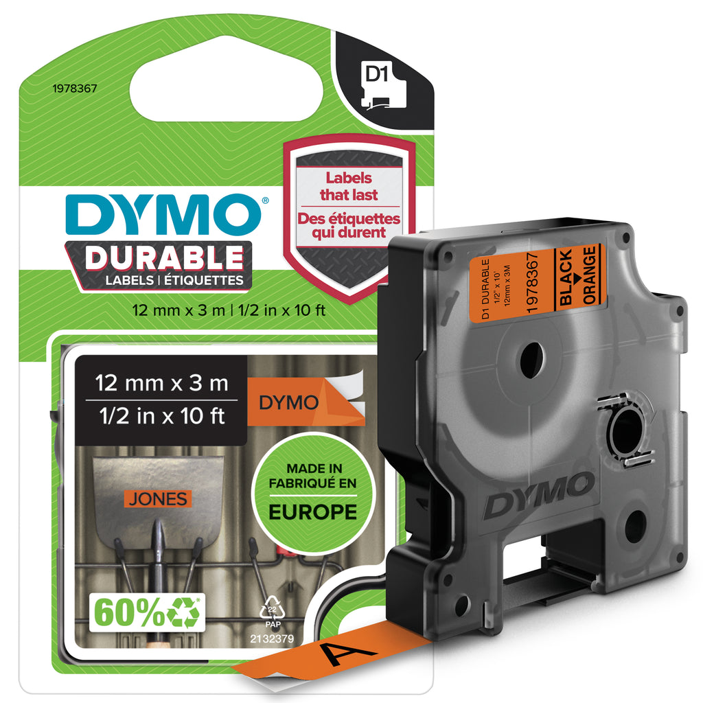 DYMO D1 Durable - White on Orange - 12mm cinta para impresora de etiquetas Negro sobre naranja