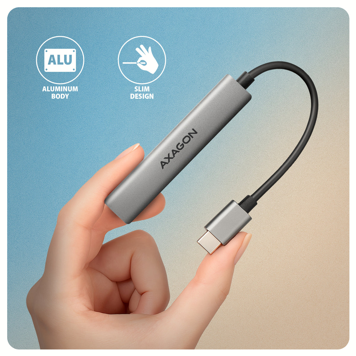 Axagon HUB USB HUE-STC, 4x USB ALU STRIP hub, 1x USB-A 5Gbps, 2x USB-A & 1x USB-C 480Mbps, kabel USB-C 12cm USB 3.2 Gen 1 (3.1 Gen 1) Type-C 5 Mbit/s Gris (5)