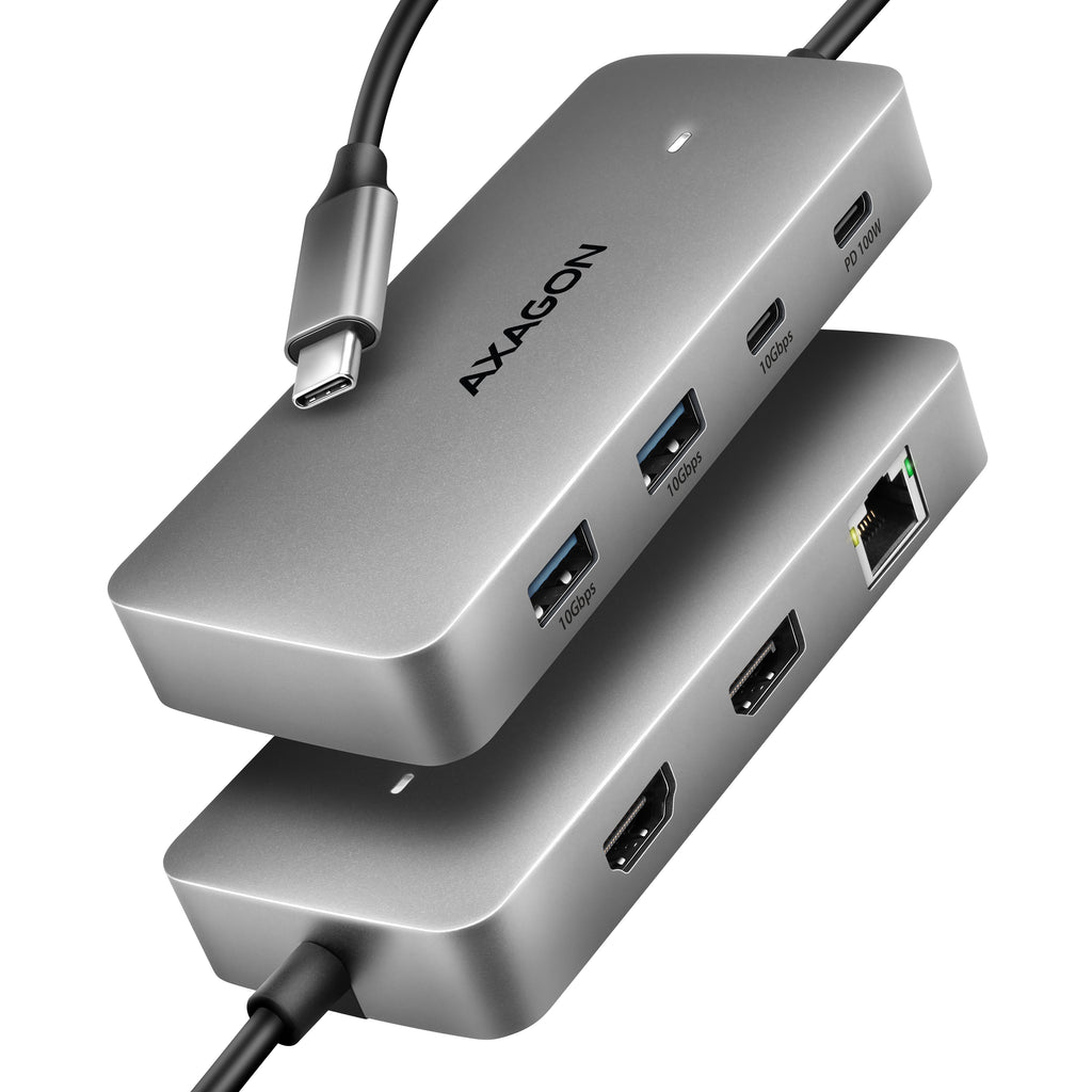 Axagon HUB USB HMC-CUB83X2, USB 10Gbps hub, 2x USB-A, USB-C, HDMI & DP 4k/144Hz, RJ-45 GLAN, PD 100W, kabel USB-C 15cm Alámbrico USB 3.2 Gen 2 (3.1 Gen 2) Type-C Gris