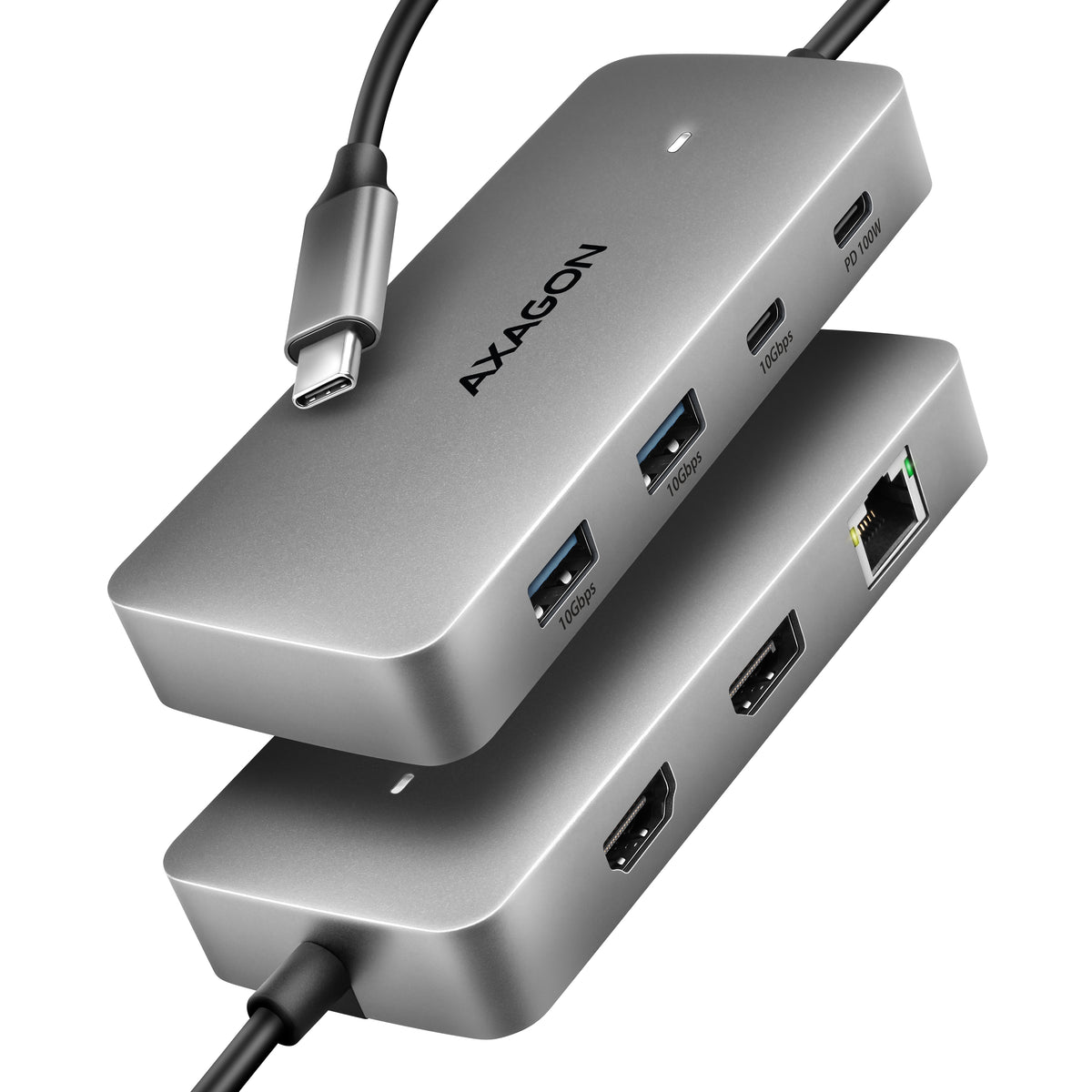Axagon HUB USB HMC-CUB83X2, USB 10Gbps hub, 2x USB-A, USB-C, HDMI & DP 4k/144Hz, RJ-45 GLAN, PD 100W, kabel USB-C 15cm Alámbrico USB 3.2 Gen 2 (3.1 Gen 2) Type-C Gris