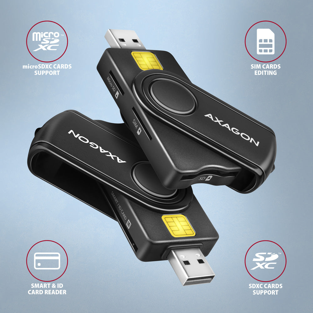 Axagon CRE-SMP2A USB Smart card & SD/microSD/SIM PocketReader lector de tarjeta inteligente Interior USB Type-A/USB Type-C Negro (2)