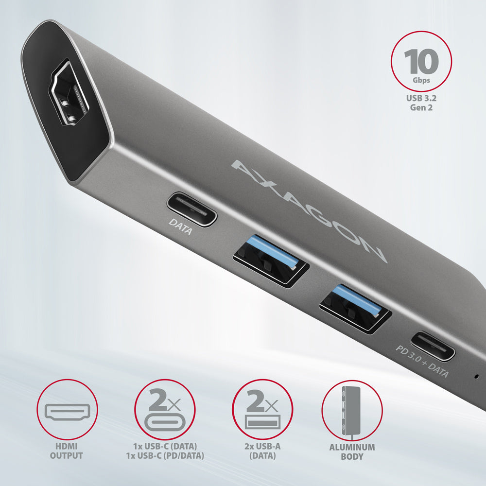 Axagon HMC-5G21 base para portátil y replicador de puertos Alámbrico USB 3.2 Gen 2 (3.1 Gen 2) Type-C Gris (2)