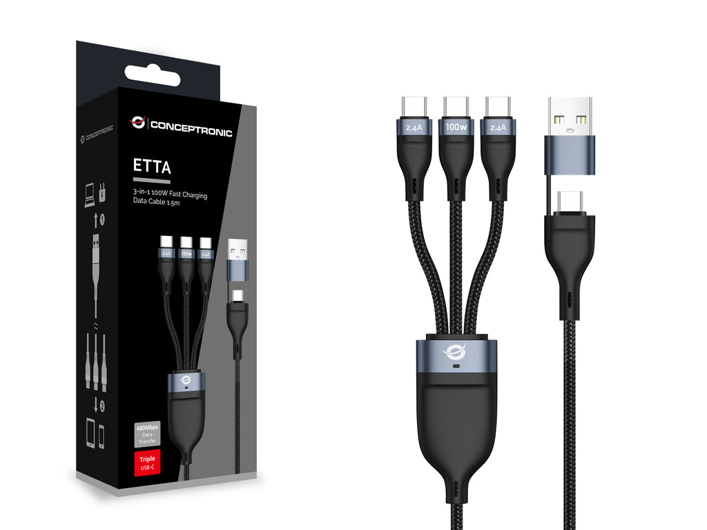 Conceptronic ETTA06B15C cable USB USB 2.0 1,5 m USB A/USB C 3 x USB C 0,48 Gbit/s 100 W Negro (4)