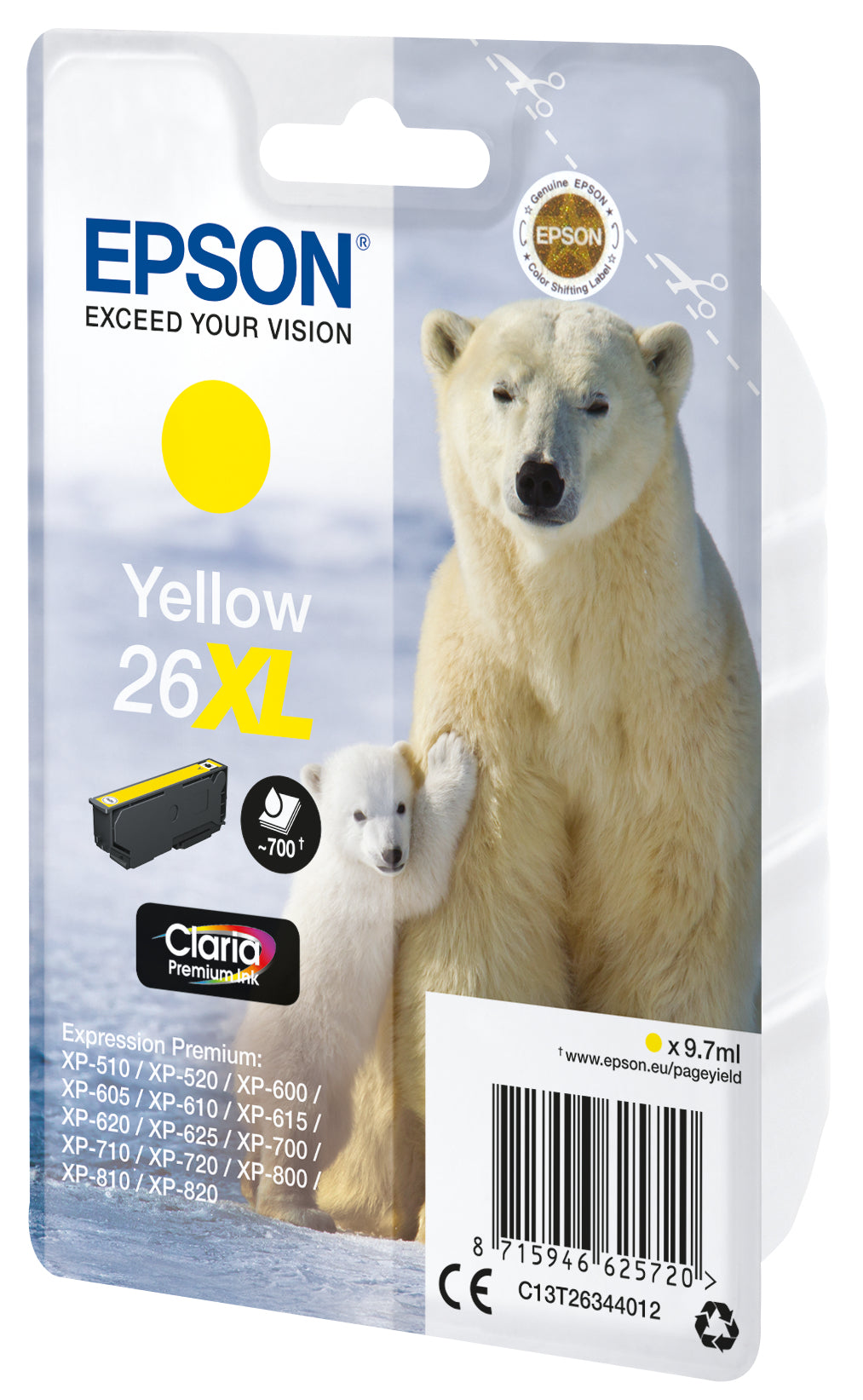 Epson C13T26344012 - 8.7 ml, XL, amarillo, original, blíster, cartucho de tinta, para Expression Premium XP-510, 520, 600, 605, 610, 615, 620, 625, 700, 710, 720, 800, 810, 820