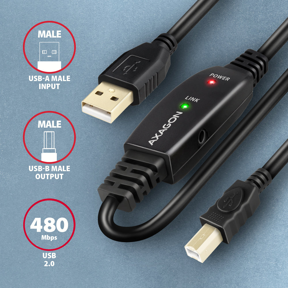 Axagon ADR-210B USB 2.0 A-M -> B-M active connecting/repeater cable 10m - Kabel - Digital/Daten cable USB USB A USB B 0,48 Gbit/s Negro (3)