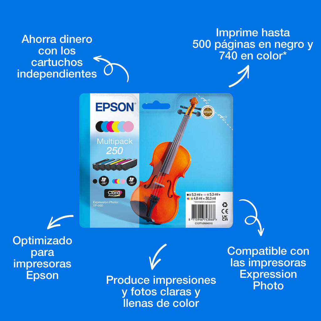 Epson 250 Violin Claria Photo HD cartucho de tinta 1 pieza(s) Original Rendimiento estándar Negro, Cian, Cian claro, Magenta claro, Magenta, Blanco (4)