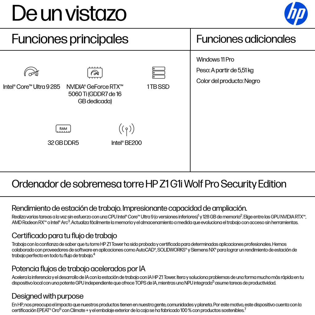HP None Intel Core Ultra 9 285 32 GB DDR5-SDRAM 1 TB SSD NVIDIA GeForce RTX 5060 Ti Windows 11 Pro Torre Puesto de trabajo AI Workstation, AI PC Negro (4)