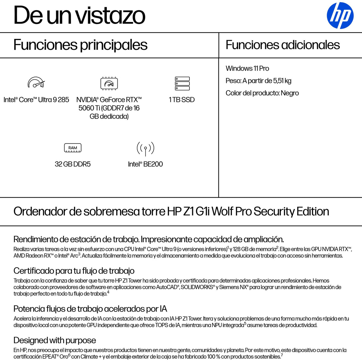 HP None Intel Core Ultra 9 285 32 GB DDR5-SDRAM 1 TB SSD NVIDIA GeForce RTX 5060 Ti Windows 11 Pro Torre Puesto de trabajo AI Workstation, AI PC Negro (4)