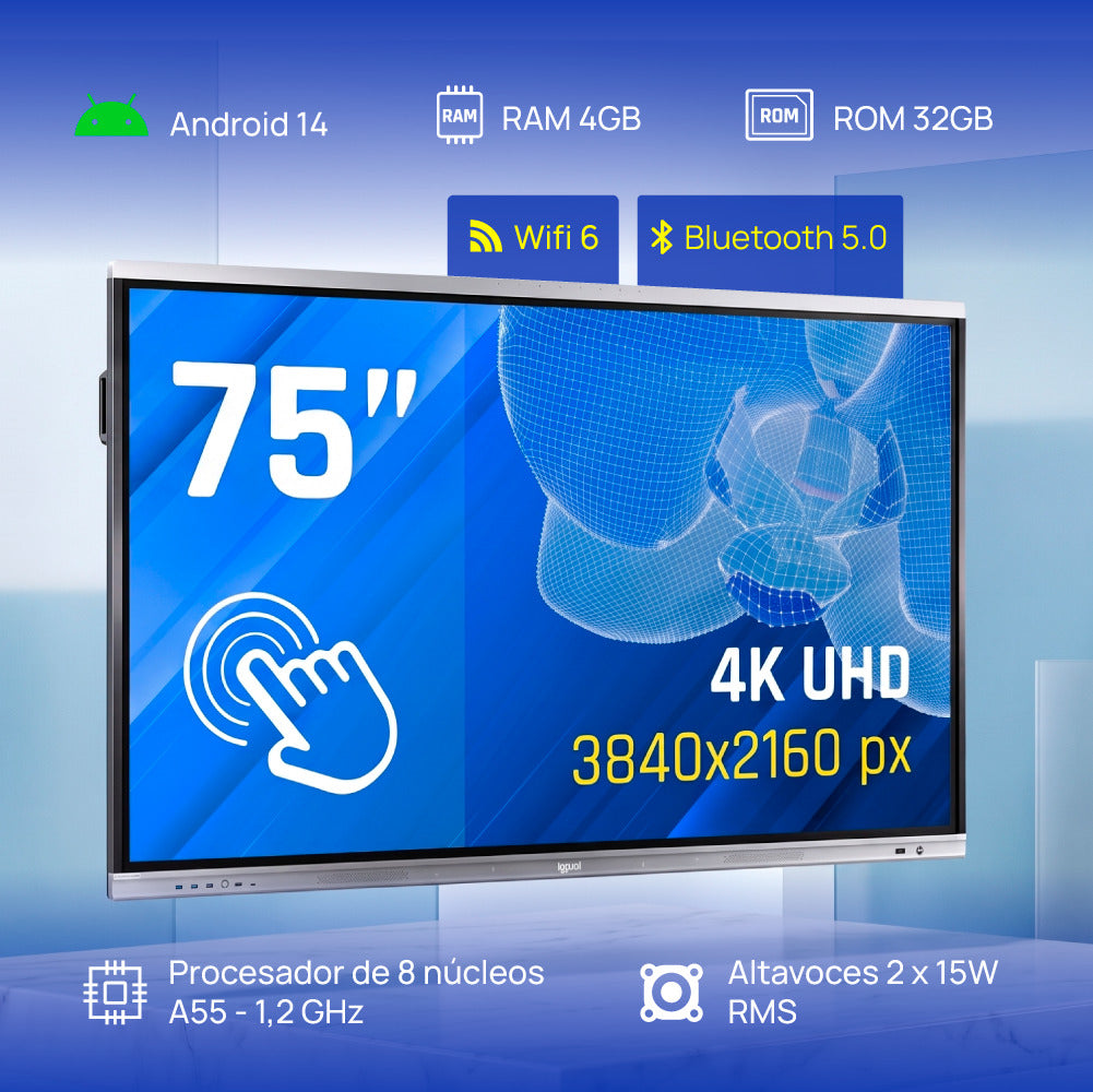 iggual Orchid 75" Panel plano interactivo 190,5 cm (75") LED Wifi 400 cd / m² 4K Ultra HD Negro Pantalla táctil Procesador incorporado Android (3)