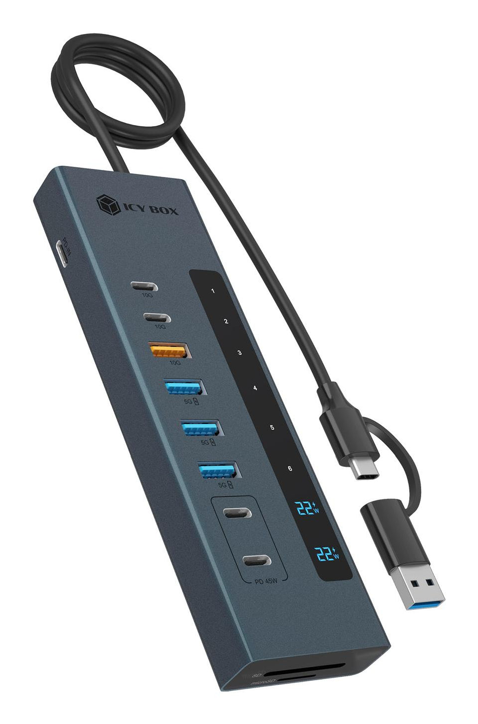 ICY BOX IB-HUB1742CR-C2PD USB 3.2 Gen 2 (3.1 Gen 2) Type-A + Type-C 10000 Mbit/s Negro