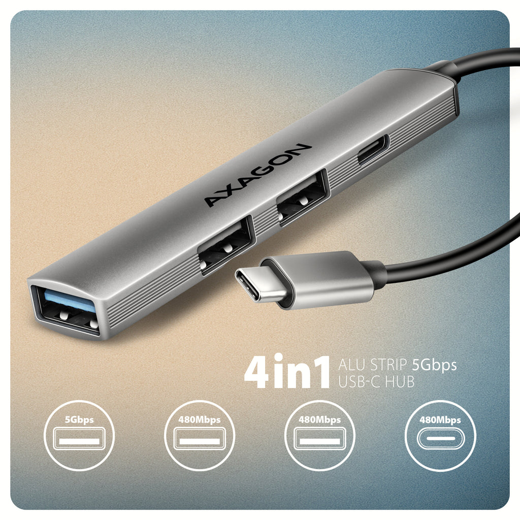 Axagon HUB USB HUE-STC, 4x USB ALU STRIP hub, 1x USB-A 5Gbps, 2x USB-A & 1x USB-C 480Mbps, kabel USB-C 12cm USB 3.2 Gen 1 (3.1 Gen 1) Type-C 5 Mbit/s Gris (2)