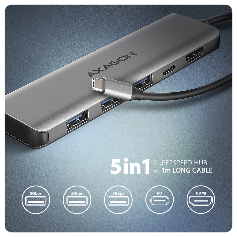 Axagon HMC-5H USB-C 3.2 Gen 1 hub 3x USB-A 4K HDMI PD 100W - Silber Alámbrico USB 3.2 Gen 1 (3.1 Gen 1) Type-C Plata (2)