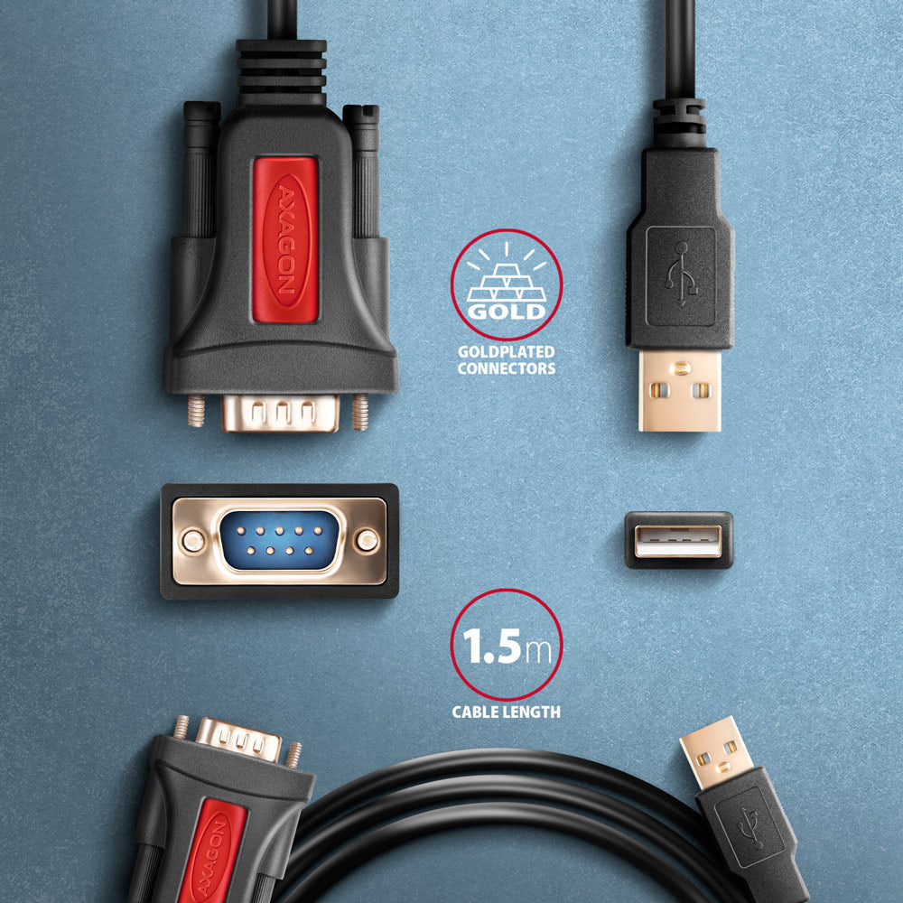 Axagon ADS-1PSN USB-A 2.0 - serial RS-232 DB9-M Prolific adapter cable 1.5m - Adapter - Digital/Daten cable de serie Negro 1,5 m USB tipo A (5)