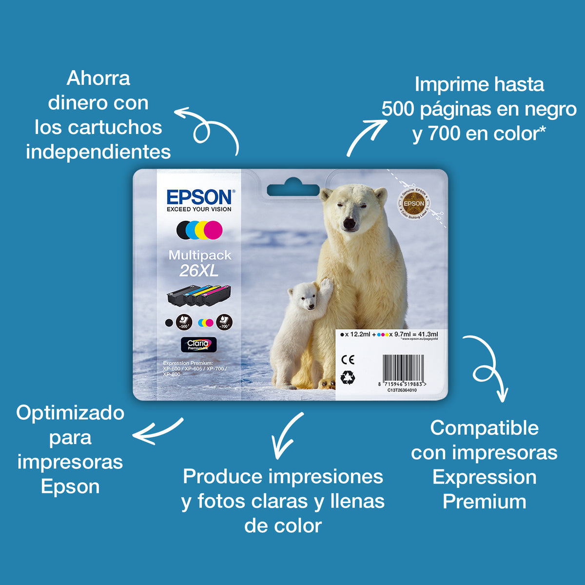 Epson C13T26344012 - 8.7 ml, XL, amarillo, original, blíster, cartucho de tinta, para Expression Premium XP-510, 520, 600, 605, 610, 615, 620, 625, 700, 710, 720, 800, 810, 820 (3)