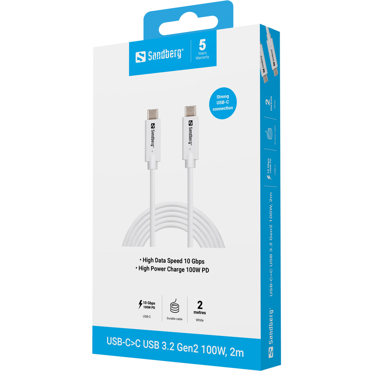 Sandberg 136-54 cable USB USB 3.2 Gen 2 (3.1 Gen 2) 200 m USB C 10 Gbit/s 100 W Blanco (4)